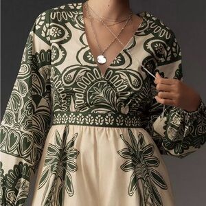 Elegant Green and Cream Patterned Romper Dress